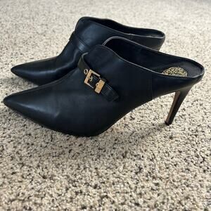 Vince Camuto Leather Heeled Mules Size 11 Black Maskelynn Gold Buckle Point Toe